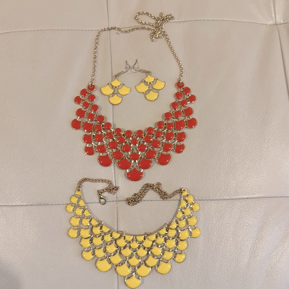 Set of deep orange and yellow statement necklaces